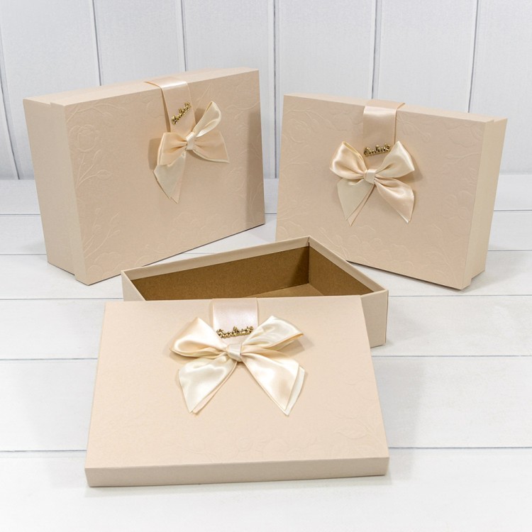Коробки Прямоугольные Набор 1/3 29*21*9,5 с бантом "Goodluck" Бежевый 1/24 Арт: 720632/2-1